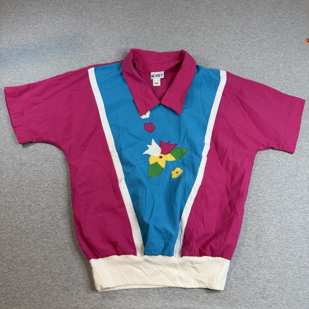 VTG 80s 90s Koret Windbreaker Shirt Womens Small Short Sleeve Colorblock Floral